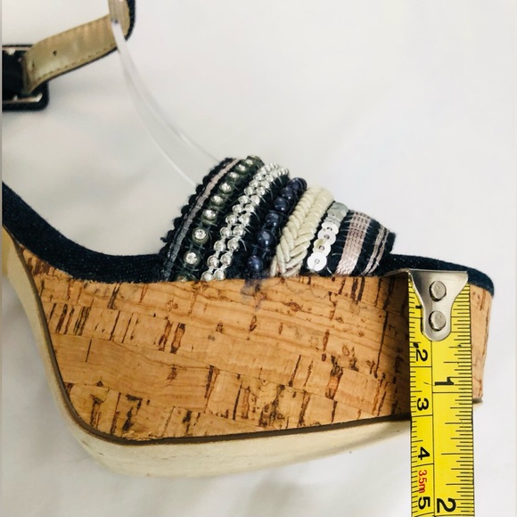 NWOB Nine West denim cork chunky heel platform with sequins and beaded accents. - Picture 4 of 14